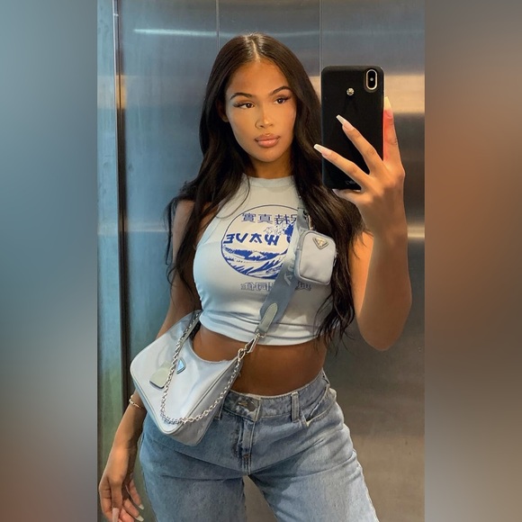 PLT Blue New Wave Printed Ribbed Ruched Crop Top - Picture 4 of 5